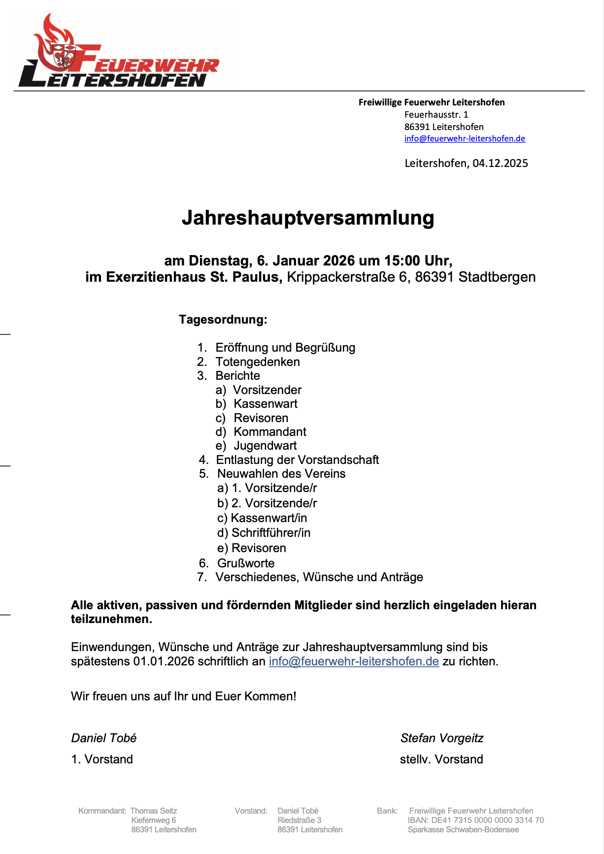 Einladung zur Jahreshauptversammlung 2026